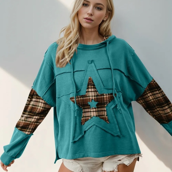 Double Take Tops - NWT Women’s Double Take Drawstring Plaid Star Patch Long Sleeve Hoodie XL Teal
